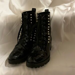 Karl Lagerfeld Lace Up Black Patent Boots with Pearl-like accents. Size 9M